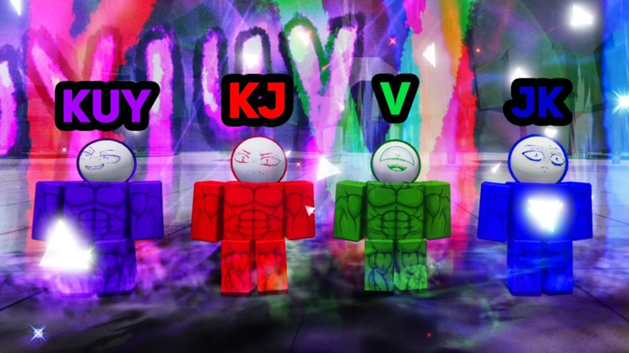 KJ Test roster lineup showing KUY, KJ, V, and JK fighters on the battleground floor